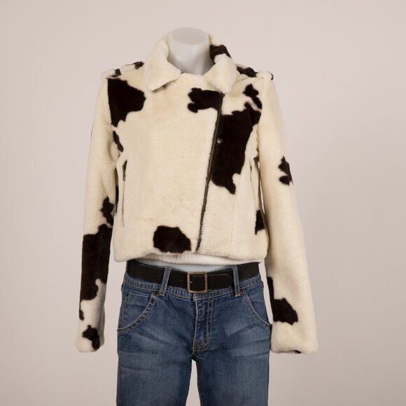 Forever 21 Cropped Faux Shearling Jacket in Ivory and Dark Brown Cow Print - Picture 2 of 6